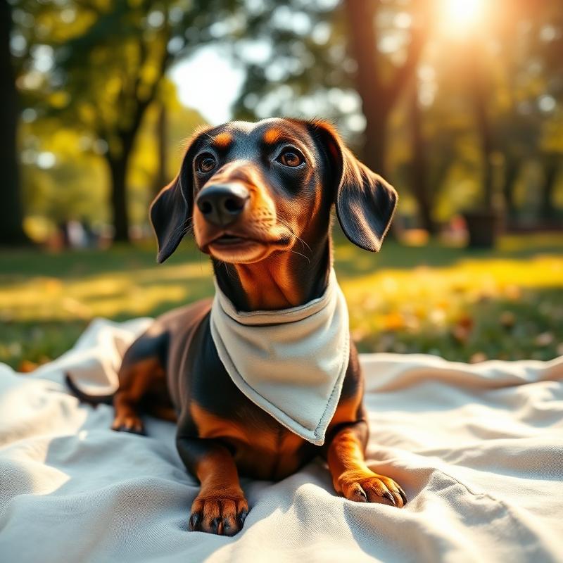 A dachshund on a woodland walk in a terracotta harness