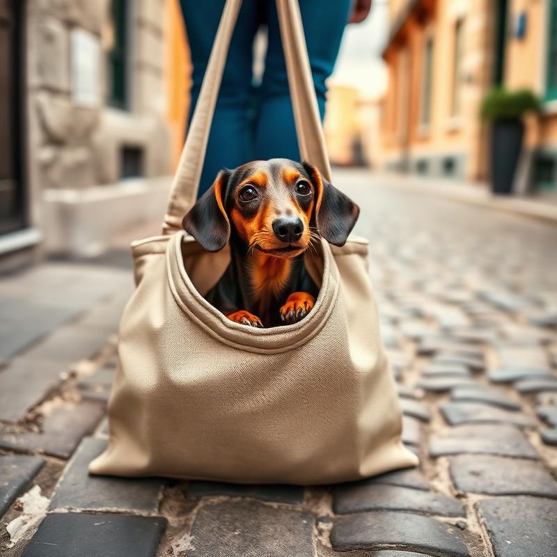 A dachshund curled in a cream bed beside a window