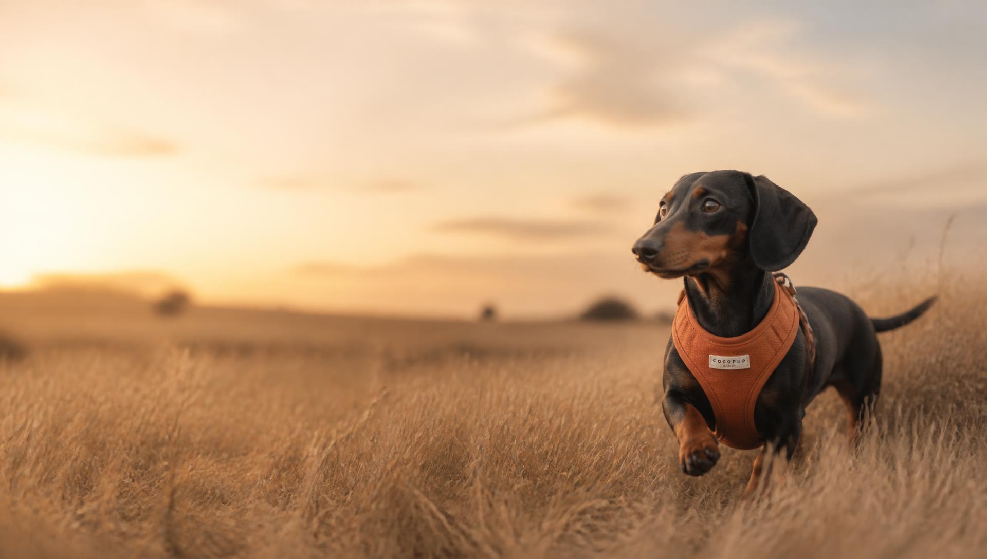 A dachshund walking through tall grass at golden hour